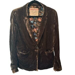 Cartonnier Anthropologie Brown Velvet Floral Lined Blazer Jacket Sz 10 Academia